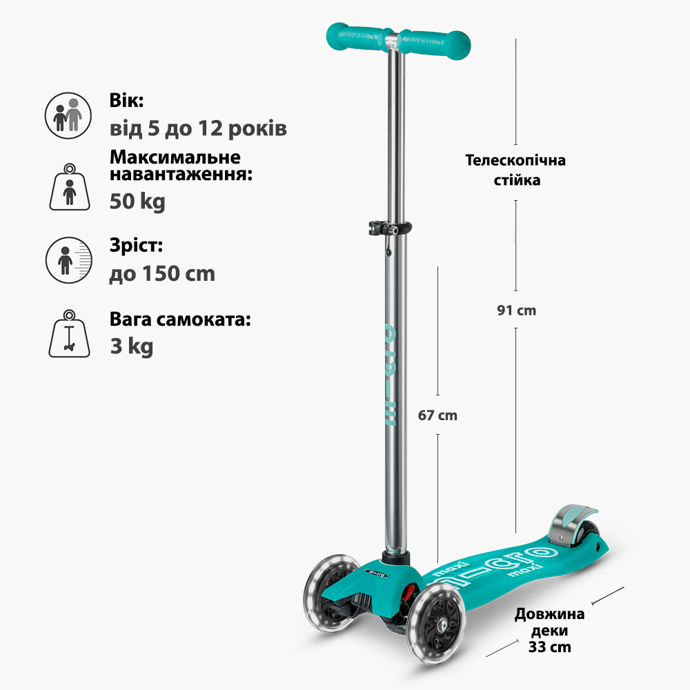 Самокат дитячий триколісний Micro Maxi Deluxe Glow LED з підсвіткою Бірюзовий — превʼю 15