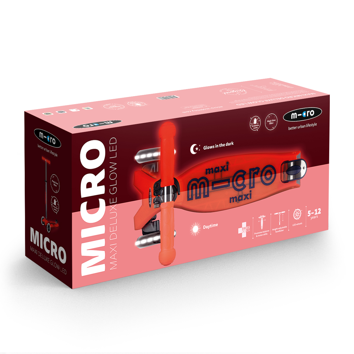 Самокат триколісний дитячий Micro Maxi Deluxe Glow LED зі світловими колесами Червоний — превʼю 17