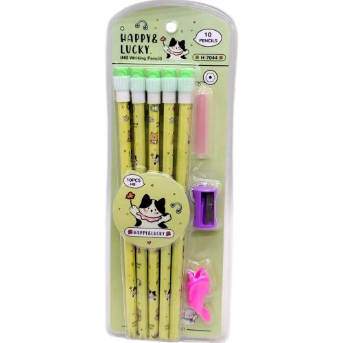 Олівці графітні HB Happy&Lucky з великою гумкою 10 шт Зелені