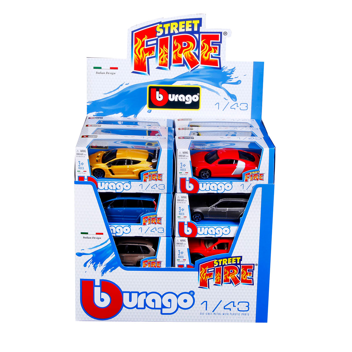 Автомоделі Bburago Street Fire в блакитному диспенсері 1:43 24 шт — превʼю 2