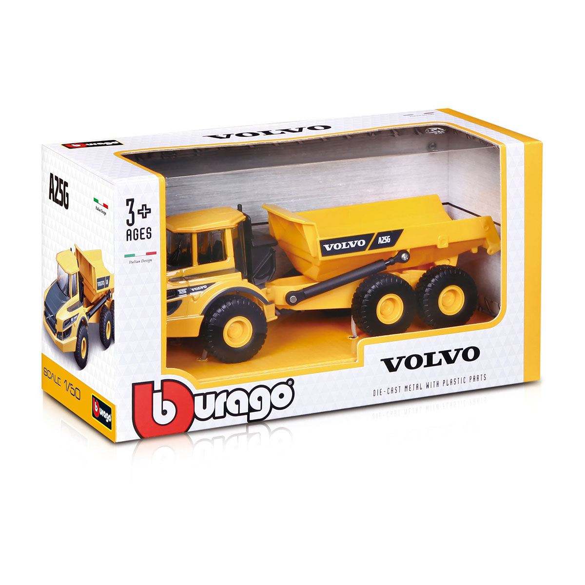 Автомодель Bburago Volvo A25G самоскид 1:50 металева жовто-чорна — превʼю 14