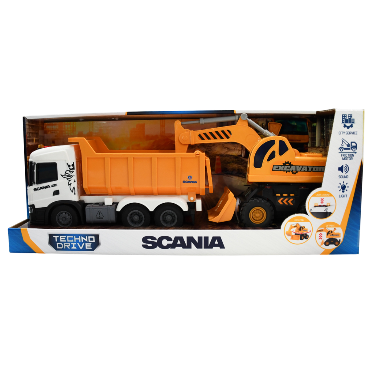 Ігровий набір спецтехніки 2 в 1 Самоскид Scania та екскаватор TechnoDrive — превʼю 2