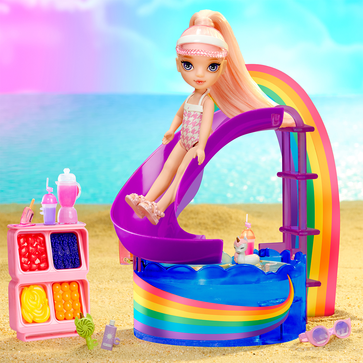 Ігровий набір Rainbow High Littles Веселкове свято в басейні з лялькою Блаш 15 см — превʼю 13
