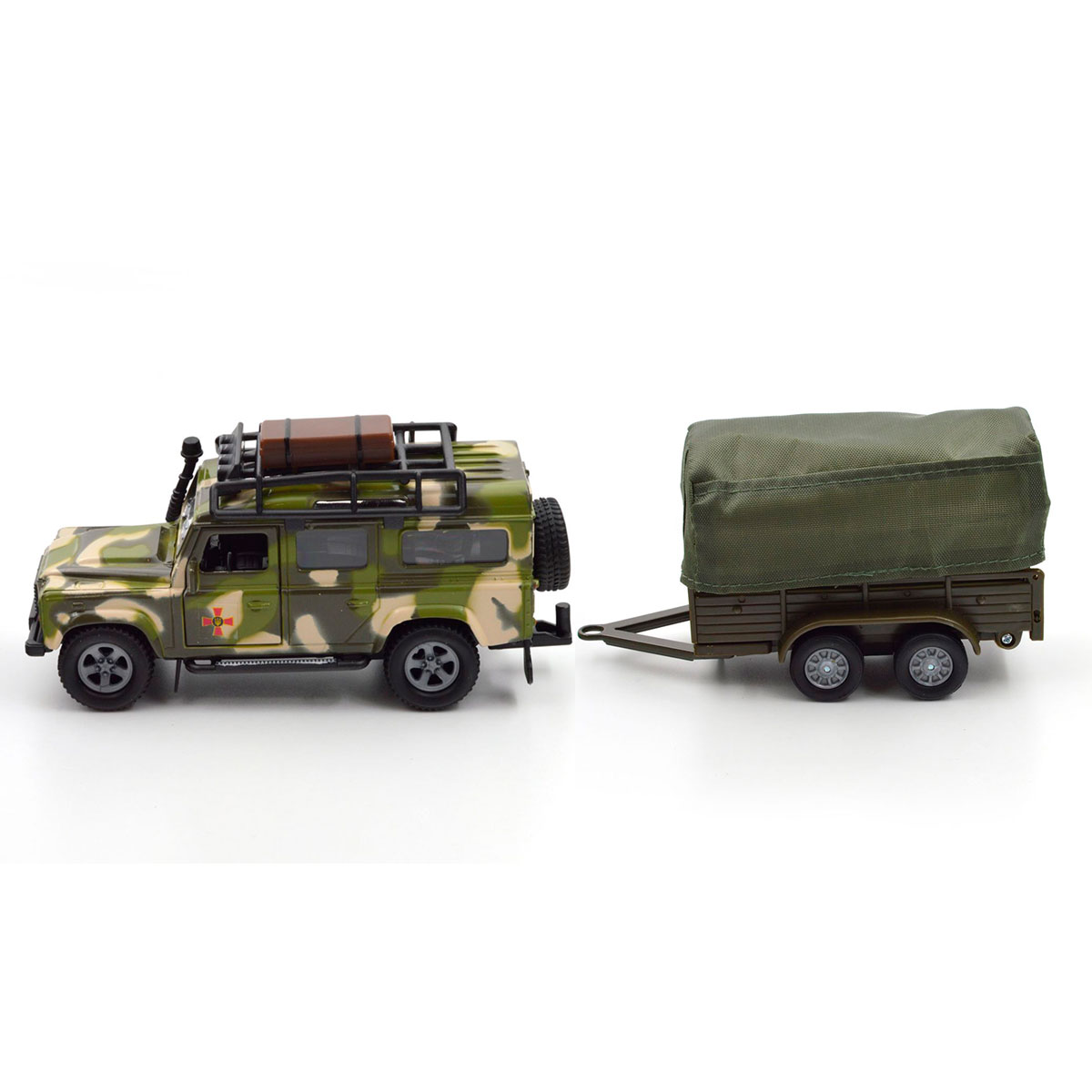 Ігровий набір TechnoDrive Land Rover Defender Мілітарі з причепом 27 см металевий — превʼю 6