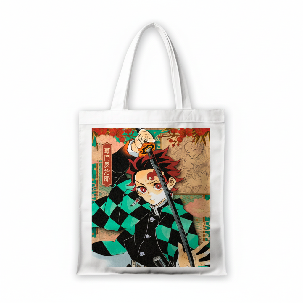 Сумка-шопер Клинок який знищує демонів Demon Slayer: Kimetsu no Yaiba Танджіро Камадо 39x35 см біла з льону 26773 — превʼю 2