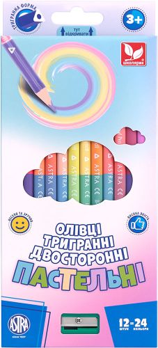 Олівці кольорові Astra двосторонні 24 кольори 12 шт тригранні пастельні з чинкою
