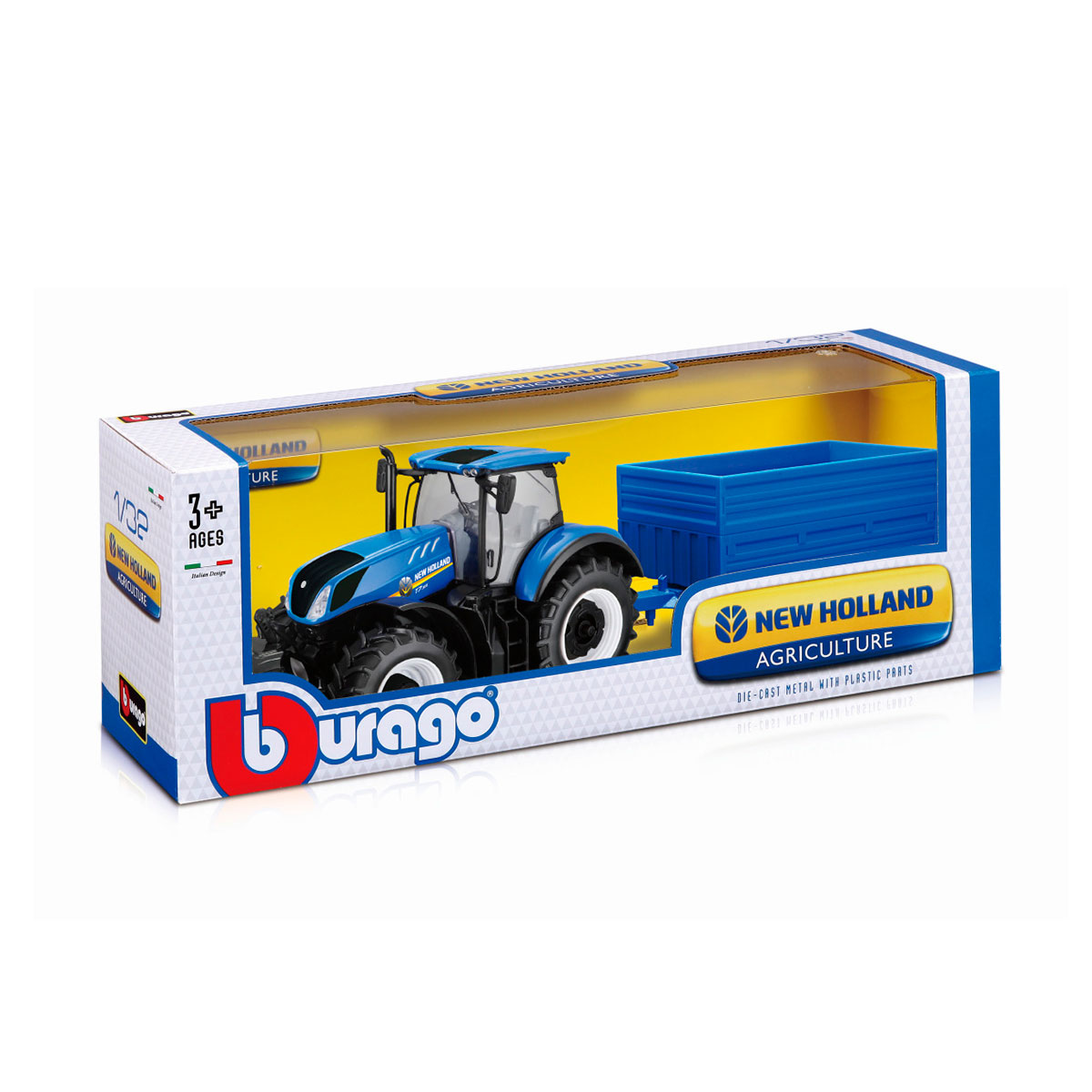 Трактор Bburago New Holland з причепом 1:32 синій — превʼю 4