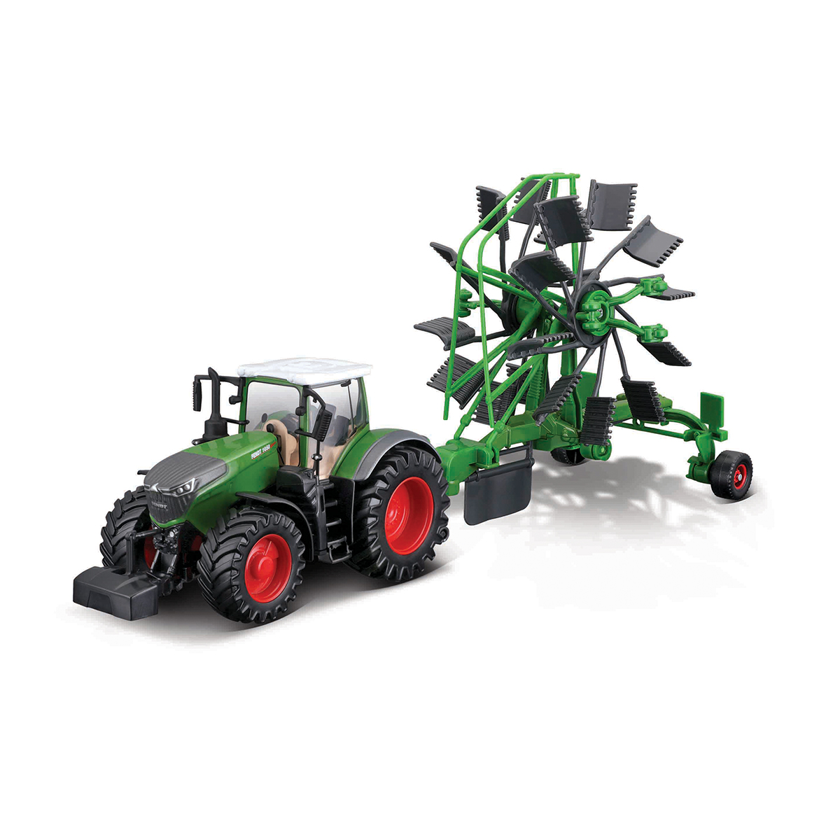 Трактор Bburago Fendt 1050 Vario з роторними граблями 10 см Червоно-зелений — превʼю 10
