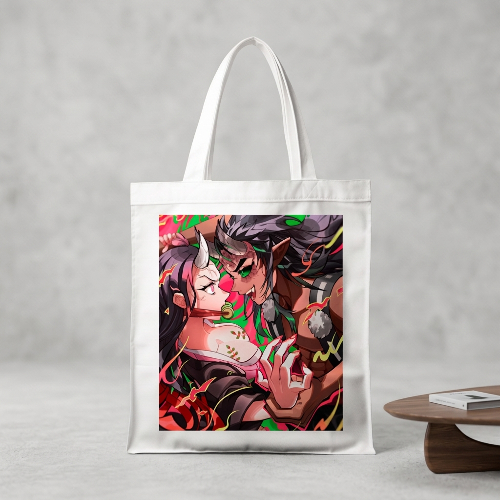 Сумка-шопер Клинок який знищує демонів (Demon Slayer: Kimetsu no Yaiba) біла з льону (6667) — превʼю 3