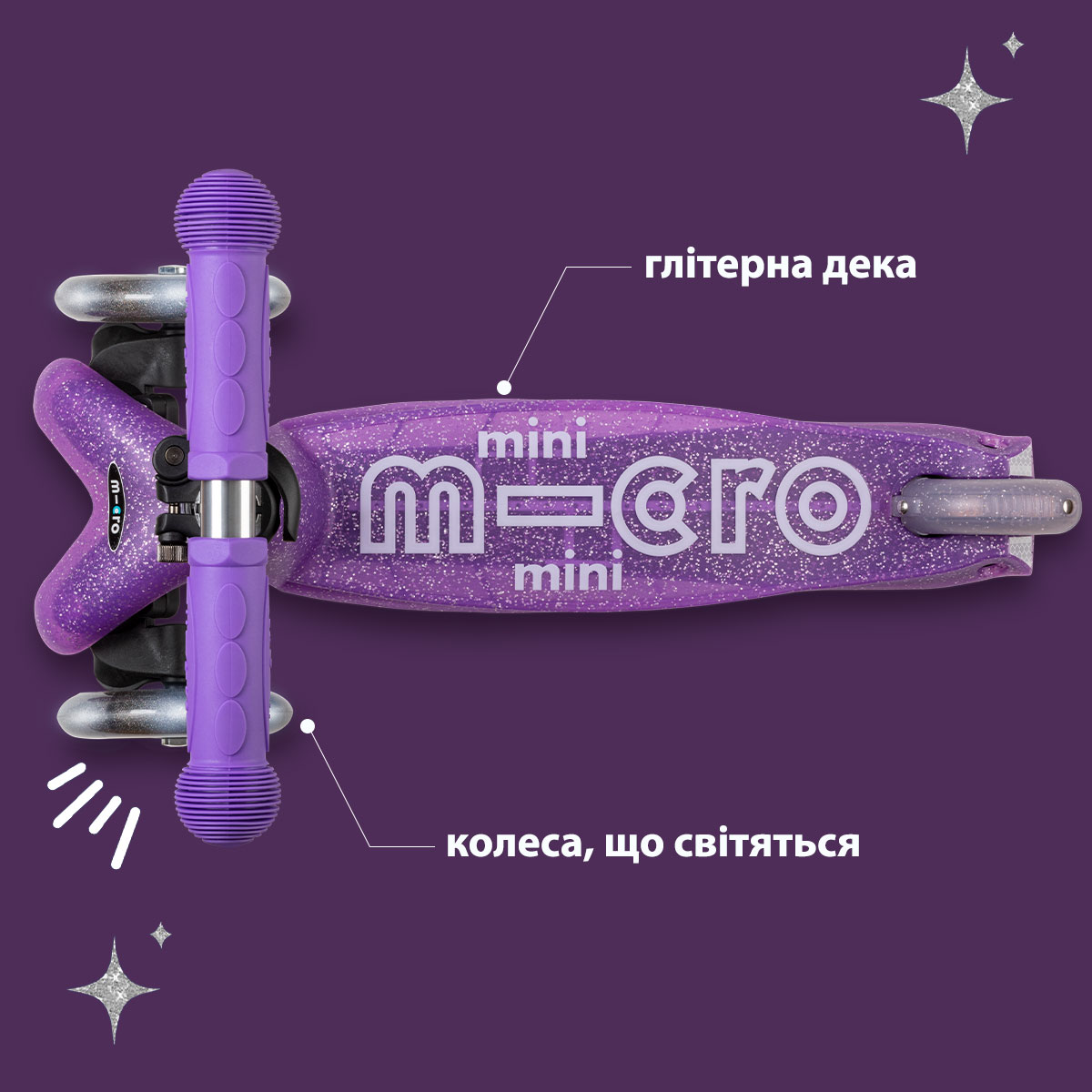 Дитячий триколісний самокат Micro Mini Deluxe Fairy Glitter зі світлом Пурпуровий — превʼю 21
