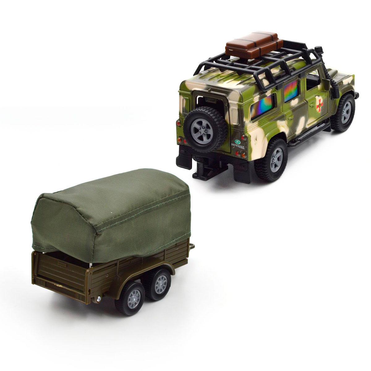 Ігровий набір TechnoDrive Land Rover Defender Мілітарі з причепом 27 см металевий — превʼю 9