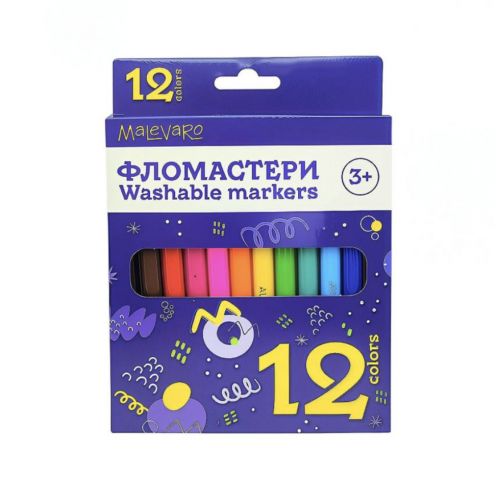 Набір фломастерів для малювання 12 кольорів у картонній коробці Malevaro — превʼю 2