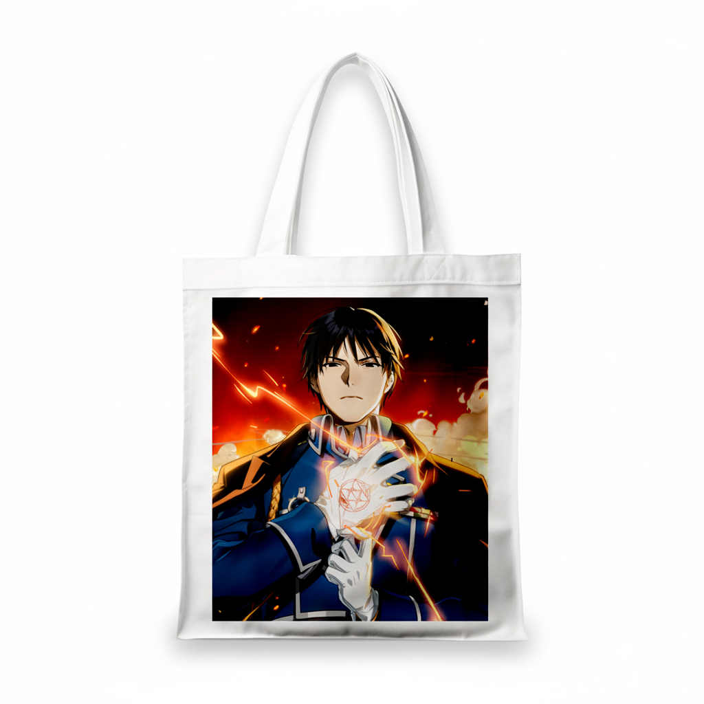 Сумка-шопер Сталевий алхімік Fullmetal Alchemist Рой Мустанг 39x35 см біла з льону 6751 — превʼю 2