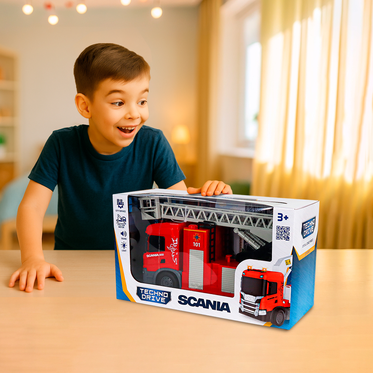 Пожежна машина Scania Techno Drive 31 см зі світлом звуком та функцією води — превʼю 16