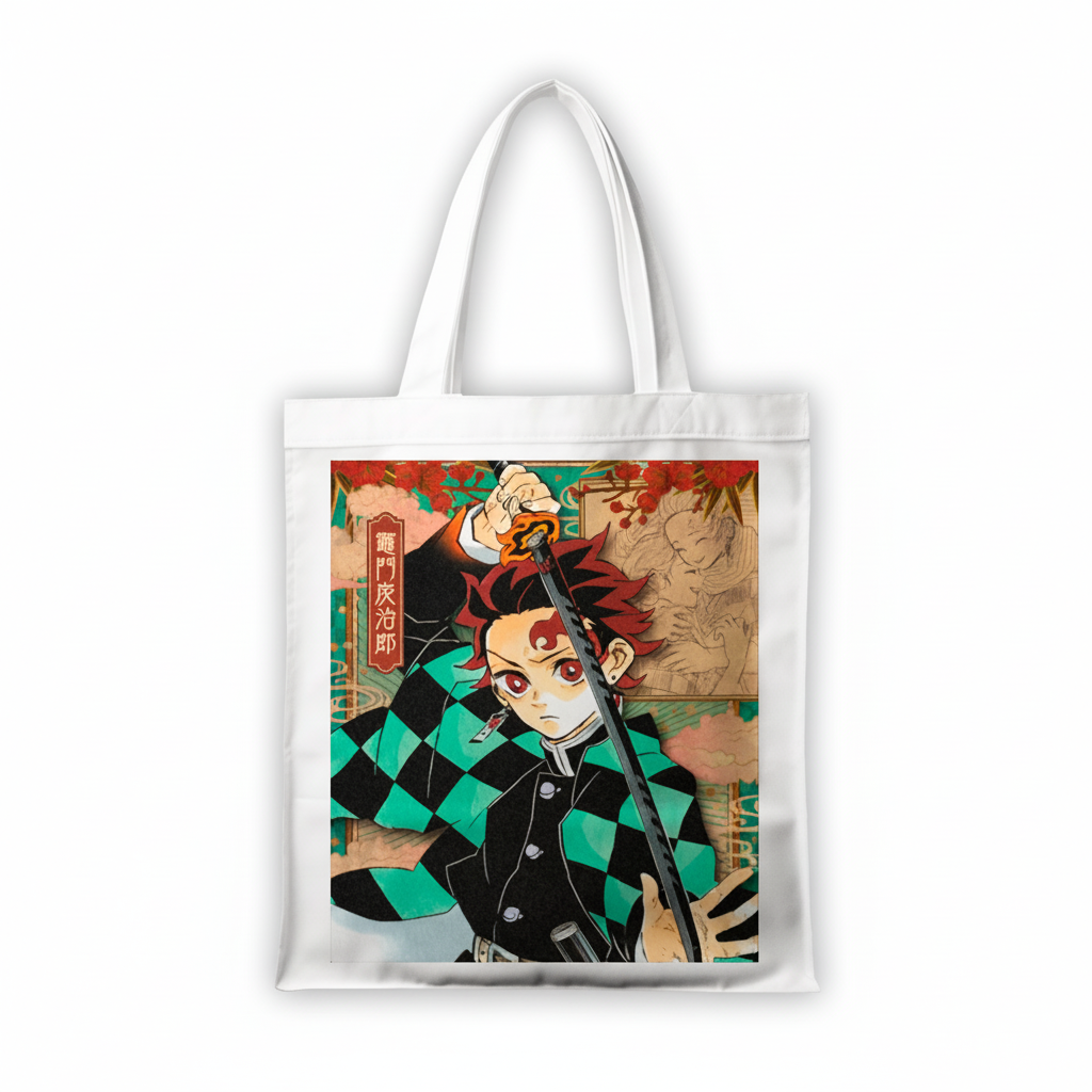 Сумка-шопер Клинок який знищує демонів Demon Slayer: Kimetsu no Yaiba Танджіро Камадо 39x35 см біла з габардину 26771 — превʼю 2