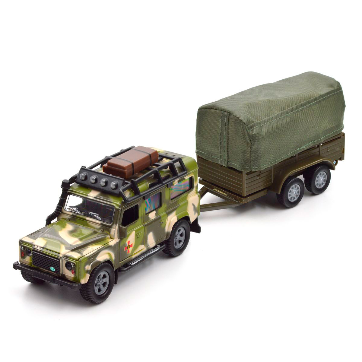 Ігровий набір TechnoDrive Land Rover Defender Мілітарі з причепом 27 см металевий — превʼю 1
