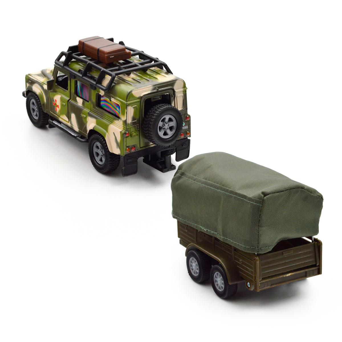 Ігровий набір TechnoDrive Land Rover Defender Мілітарі з причепом 27 см металевий — превʼю 7