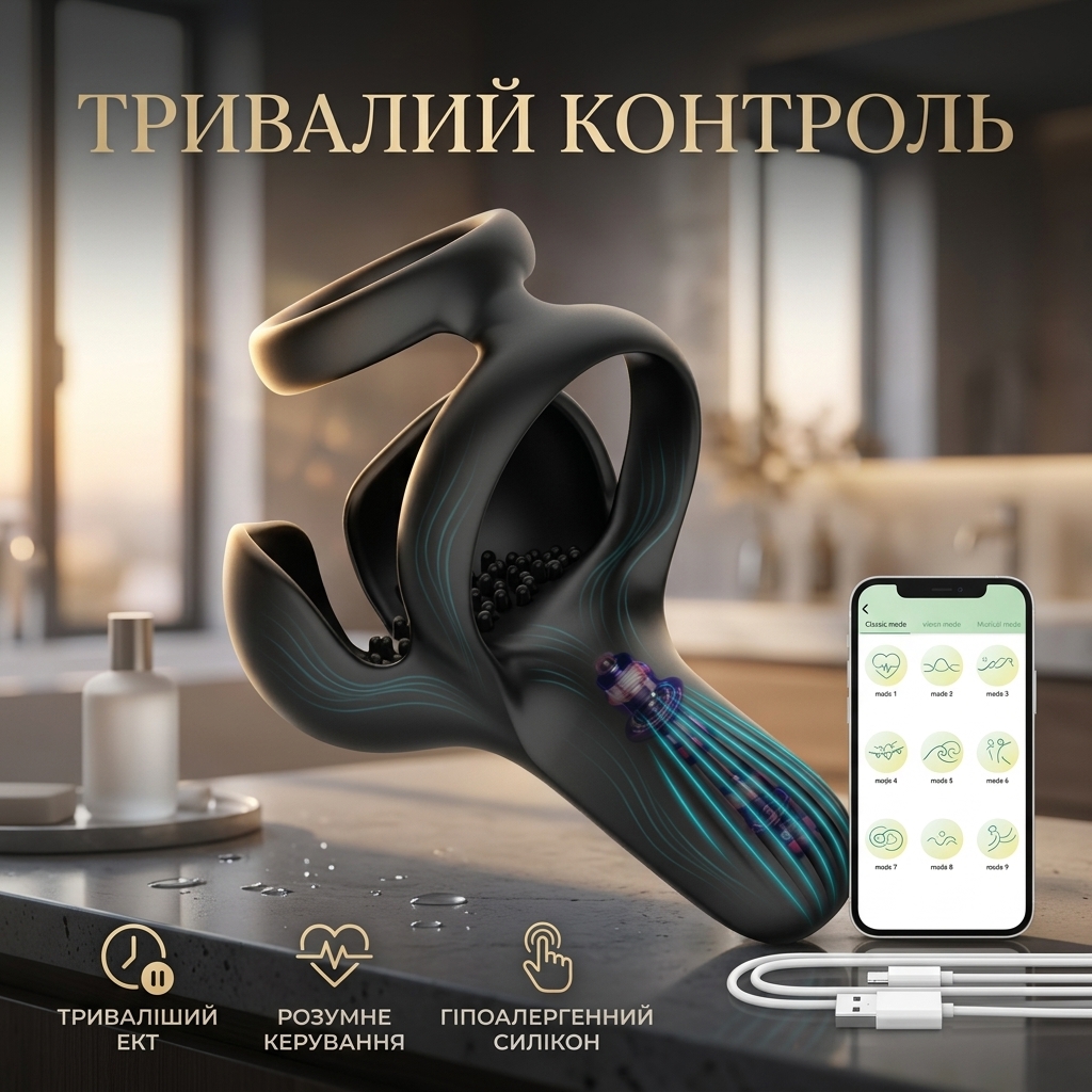 Smart насадка на член для відтермінування еякуляції силіконова зі стимулятором мошонки Чорна