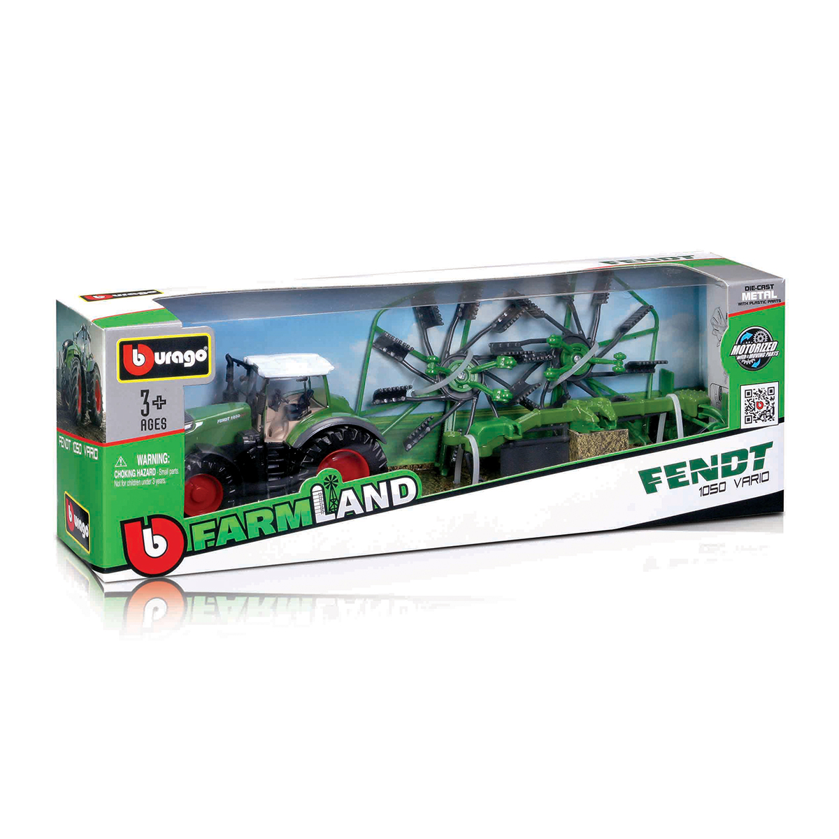 Трактор Bburago Fendt 1050 Vario з роторними граблями 10 см Червоно-зелений — превʼю 18