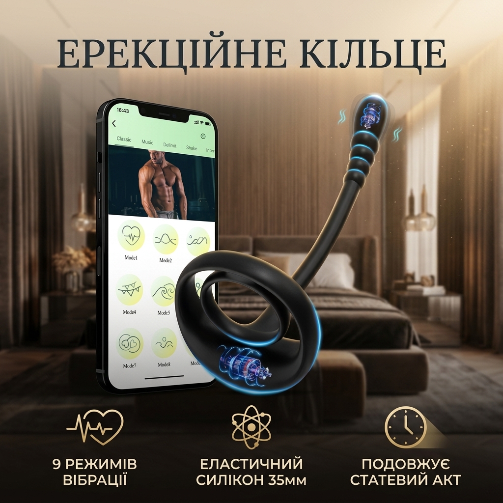 Кільце ерекційне силіконове для відтермінування еякуляції з вібрацією 9 режимів 35 мм Чорне