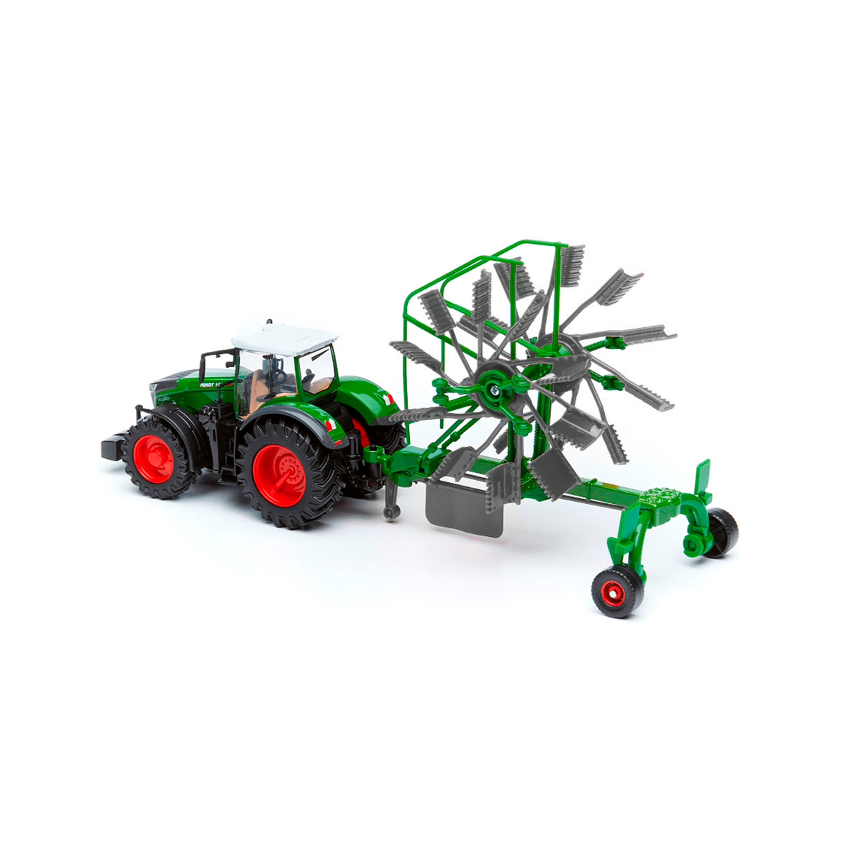 Трактор Bburago Fendt 1050 Vario з роторними граблями 10 см Червоно-зелений — превʼю 12